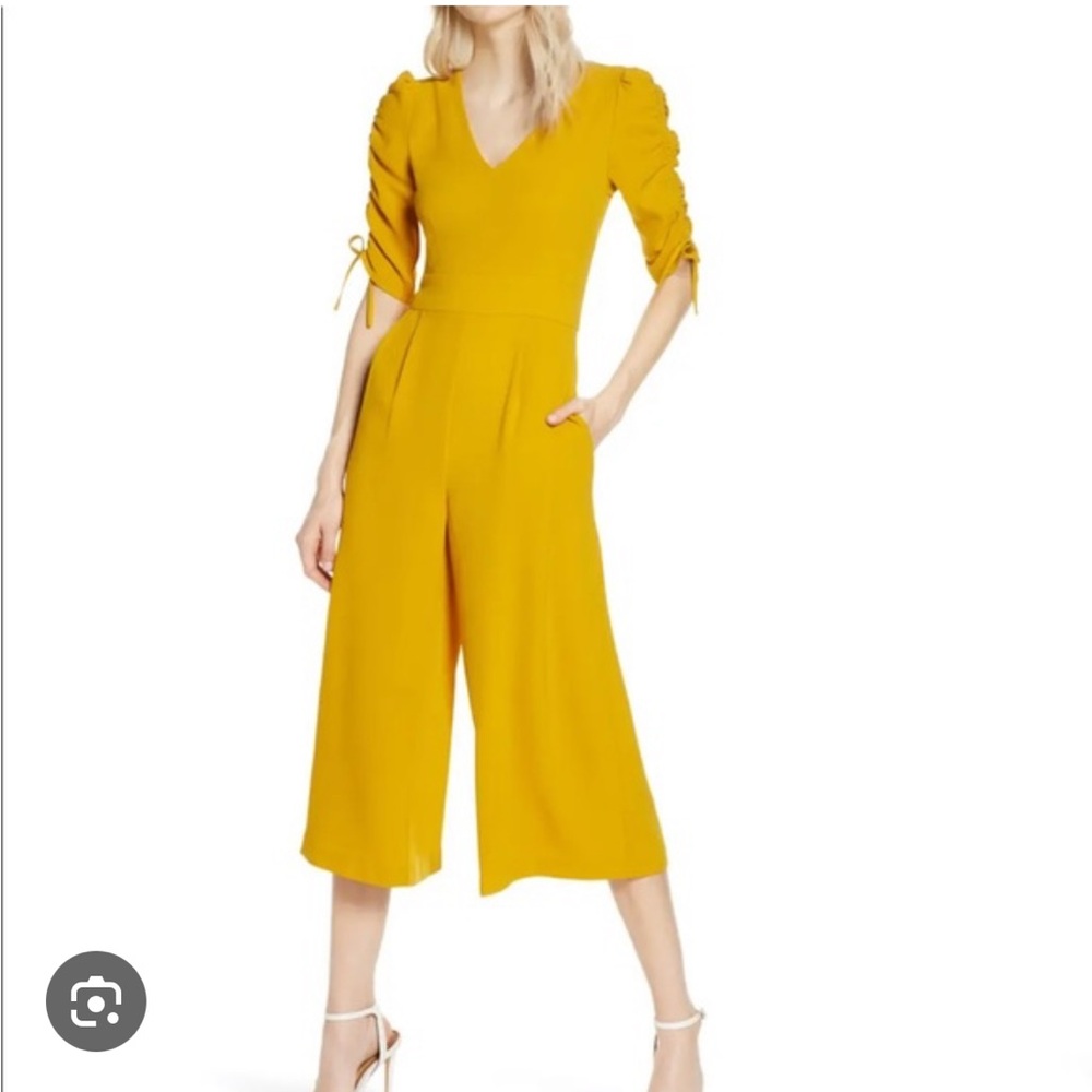 Ruched Sleeve Crop Wide Leg Jumpsuit